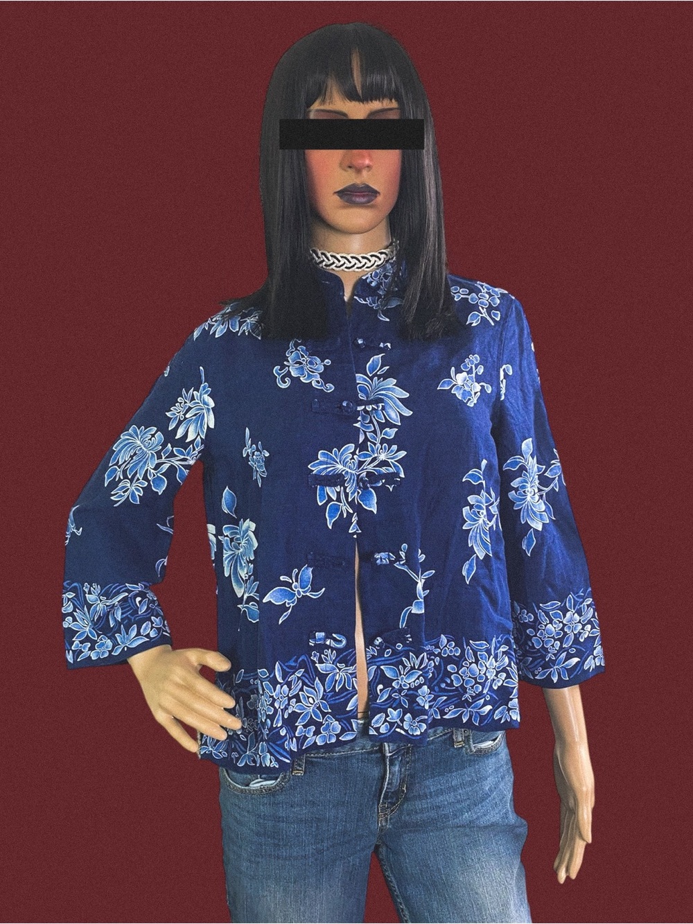 Blue floral frog closure linen jacket